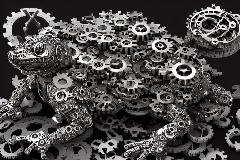 Prompt: cyberpunk frog made of cogs and gears, futuristic robot frog, professional close - up, intricate detail, 4 k hd render, ultra realistic