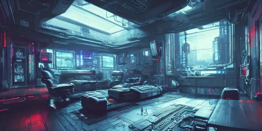 Prompt: ultra detailed photorealistic cyberpunk interior, cinematic light, sci fi, glossy, cybernetic machines, posters, robotics, futuristic decor, trending on artstation, global illumination, ultra realistic illustration, matte painting, high detailed, unreal engine, octane render, 4 k, hd, high quality