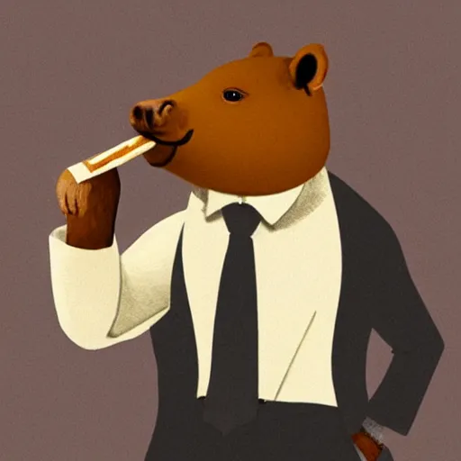 Image similar to an antropomorphic capybara wearing a suit smoking a cigar