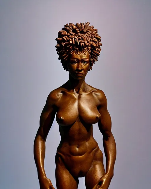 Prompt: a full figure rubber sculpture of a beautiful african warrior woman, head of a lion, by Michelangelo, dramatic lighting, wide angle lens