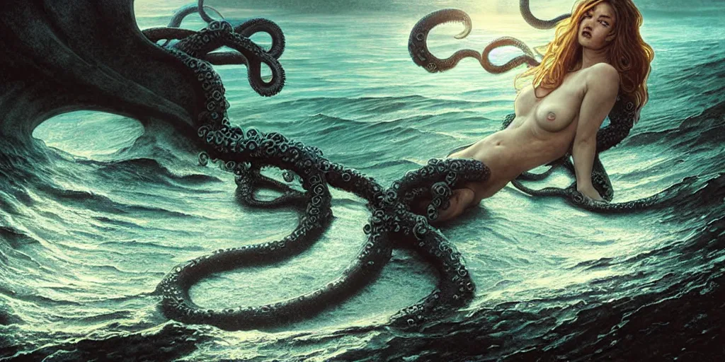 Prompt: a tentacled creature emerging from the ocean near an abandoned fishing village, large landscape ad night, high - key lighting, beautiful composition, intricate, gradient from green to black, pro photography by, highly detailed, matte pailting, art by artgerm and greg rutkowski and alphonse mucha, smooth, sharp focus illustration