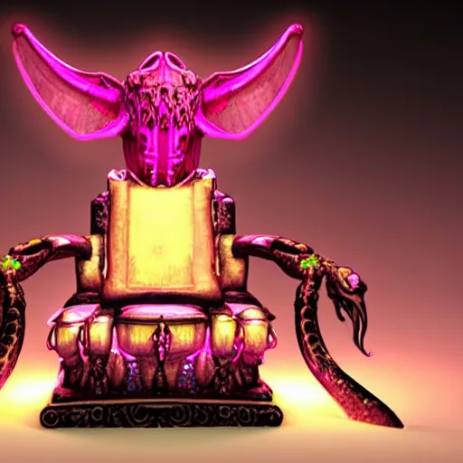 Image similar to a realistic antropomorphic pink elephant dressing necromancer clothes sited in a xenomorphic throne with glow neon eyes, finely detailed, 4 k, photorealistic, cycles engine,