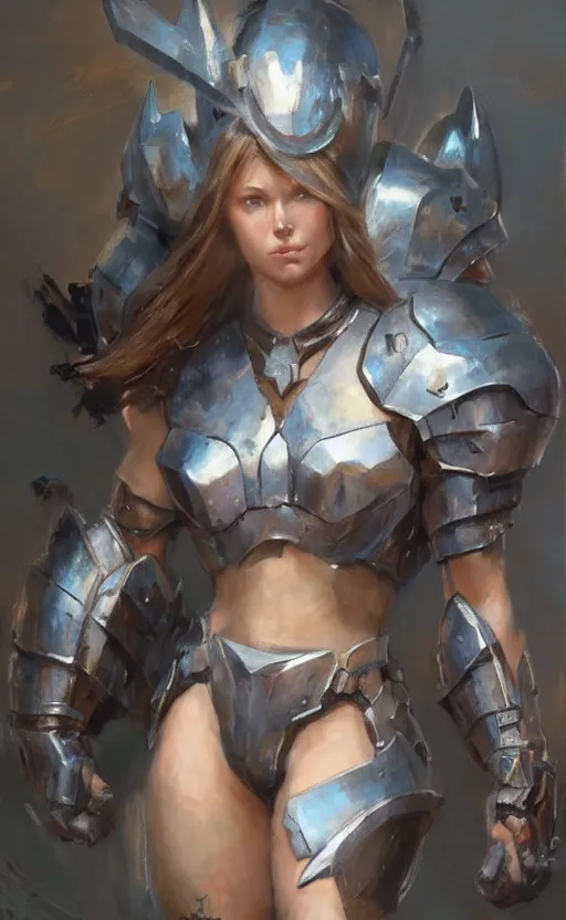 Image similar to muscular full armored girl by daniel gerhartz, trending on art station