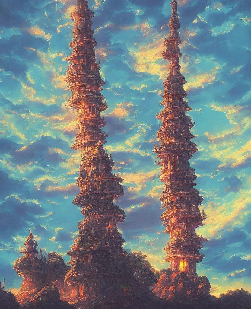 Image similar to “ a landscape painting in the style of noriyoshi ohrai of a holy tower, it is a glowing fortress and has iridescent mana radiating from it into the aether. it is centered. the background is the sky at dawn. retrofuturistic fantasy ”