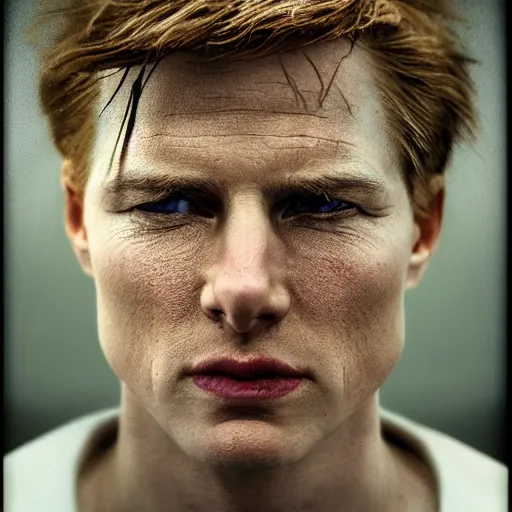 Image similar to realistic expired fuji film portrait of white albino tom cruise, hyperrealism, photorealistic, detailed, atmospheric, 8 k, award winning photography, cinematic