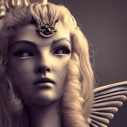 Image similar to pretty blond steampunk angel, 8 k, shallow depth of field, 8 k, ultra high detail, concept art,