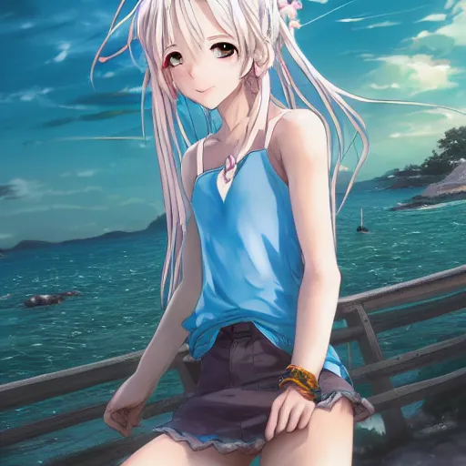 Prompt: a very beautiful anime girl, full body, long braided curly silver hair, sky blue eyes, full round face, short smile, casual clothes, beach setting, cinematic lightning, medium shot, mid-shot, highly detailed, trending on Artstation, Unreal Engine 4k, cinematic wallpaper by Stanley Artgerm Lau, WLOP, Rossdraws, James Jean, Andrei Riabovitchev, Marc Simonetti, and Sakimichan