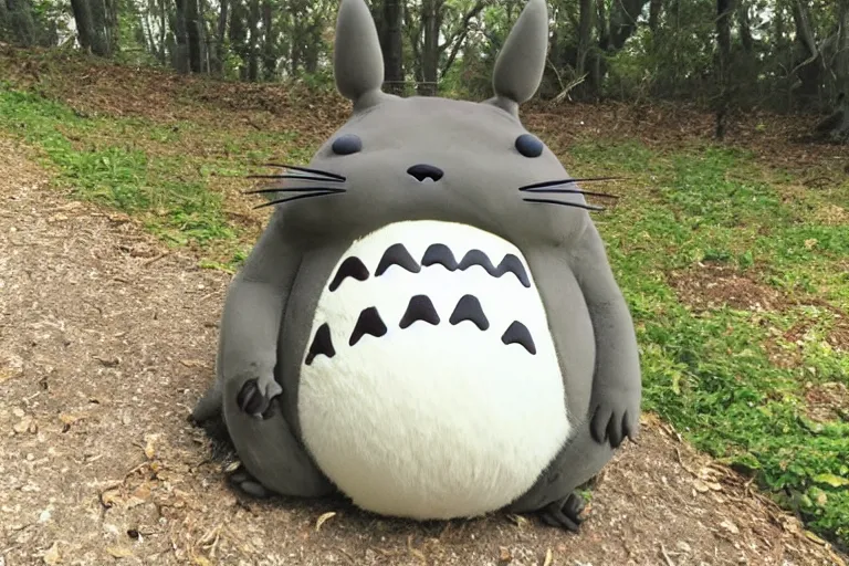 Image similar to real life totoro, cute!!!, happy!!!, chunky!!!, content!!!, mischievous!!!, adorable!!!, fluffy!!!, ultra realistic!!!, golden hour, frog perspective, sharp focus