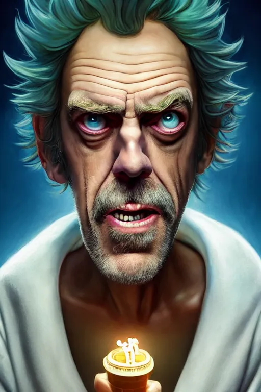 Image similar to Hugh Laurie as crazy genius Rick Sanchez from Rick and Morty, unibrow, white robe, big eyes, realistic portrait, symmetrical, highly detailed, digital painting, artstation, concept art, smooth, sharp focus, illustration, cinematic lighting, art by artgerm and greg rutkowski and alphonse mucha