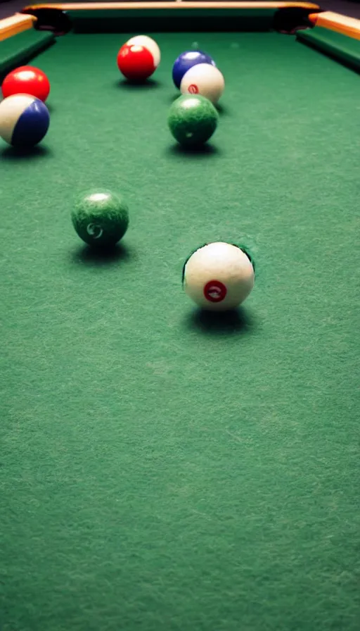 Image similar to close up ultra realistic billiard ball on green felt pool table with reflections ray tracing, ultra detail, low depth of field, 5 0 mm camera