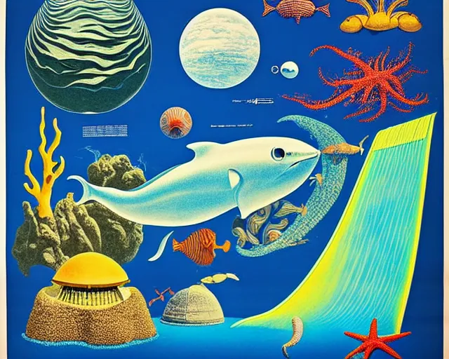 Image similar to 1976 science fiction poster, cut out, nouvelle vague, beach on the outer rim, epic theater, tropical sea creatures, aquatic plants, drawings in style of Terry Gilliam, composition William S Boroughs, written by Michael Ende