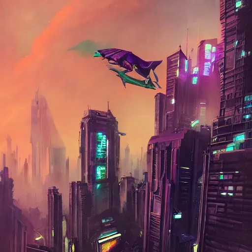 Prompt: batman beyond, cyberpunk, cityscape, purple sky, artgerm, greg rutkowski