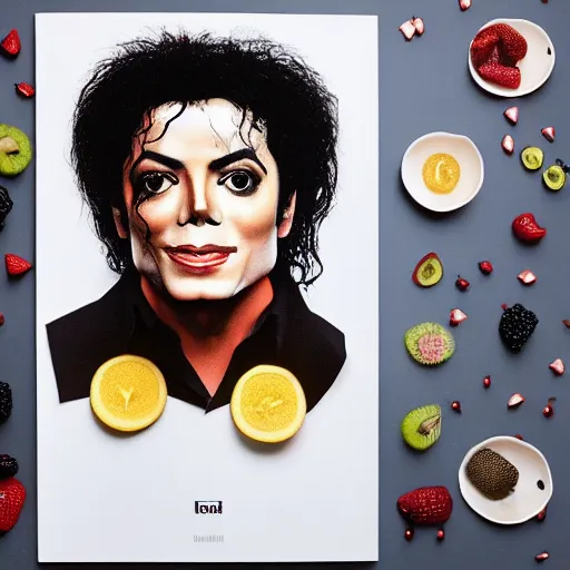 Prompt: michael jackson but his face is made out of fruit. food magazine photo, 8 k