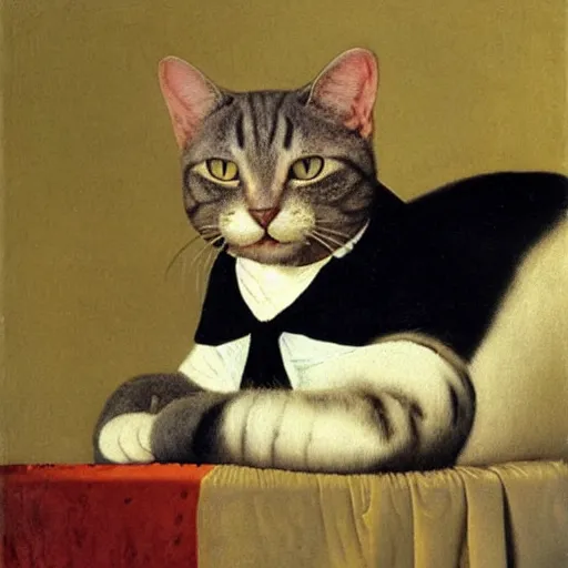 Image similar to portrait of a cat in a tuxedo by jan vermeer