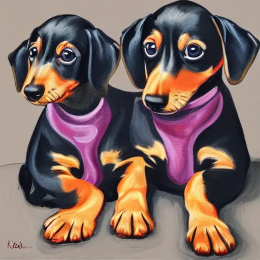 Prompt: color painting of dachshund puppies cuddling together