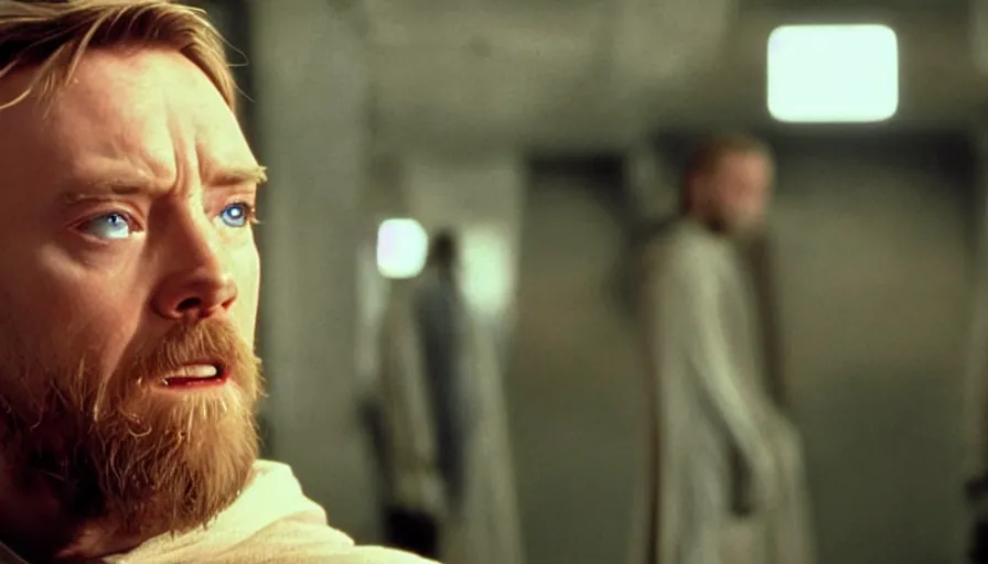 Prompt: Obi-wan Kenobi in the film trainspotting, cinematic lighting, close-up, cinematography,