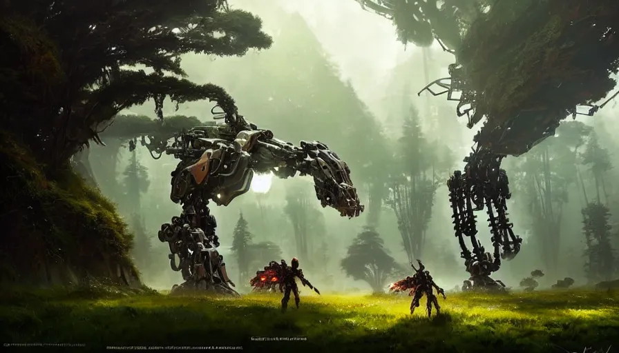 Image similar to walking mech covered in chrome armor, large shapes, horizon zero dawn aesthetic, covered in moss and birds, many large glowing lights, beautiful forests and trees, utopian landscape, bright sunlight, cinematic, concept art, art by WLOP and artgerm and greg rutkowski, trending on artstation, masterpiece.