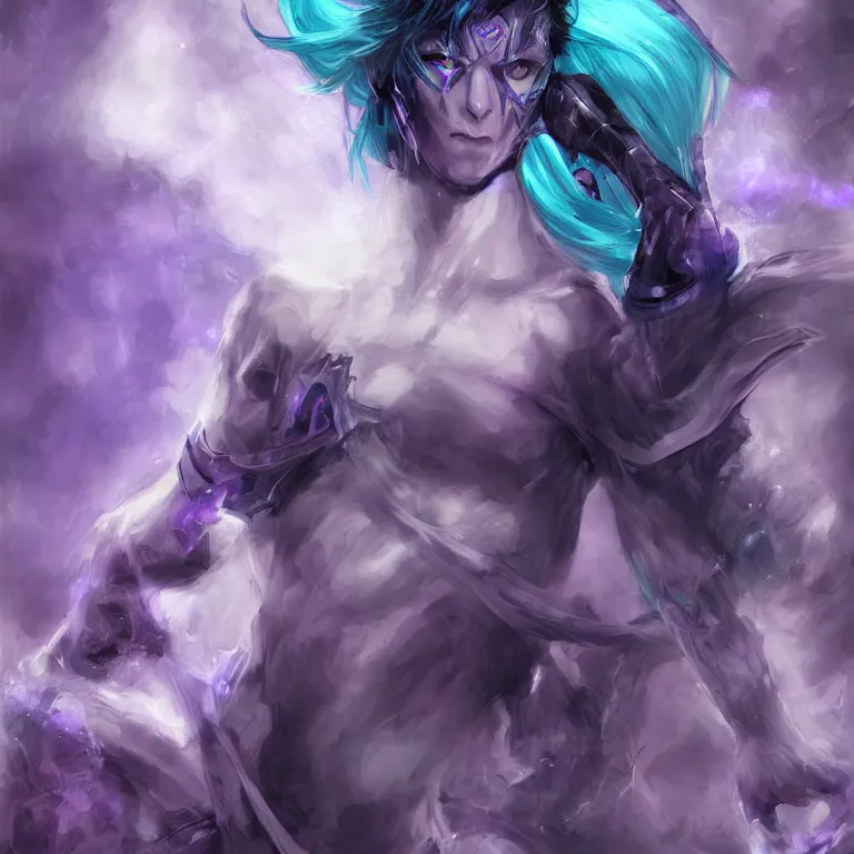 Image similar to Handsome purple and Teal skinned Tiefling, striking azure eyes, black hair, Yoshitaka Amano, digital art