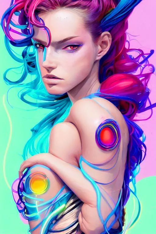 Prompt: a award winning portrait of a beautiful woman with stunning eyes in a one off shoulder croptop and cargo pants with rainbow colored hair, outlined by whirling illuminated neon lines and fine lines swirling in circles by jesper ejsing and rhads and makoto and shinkai and lois van baarle, digital art, trending on artstation