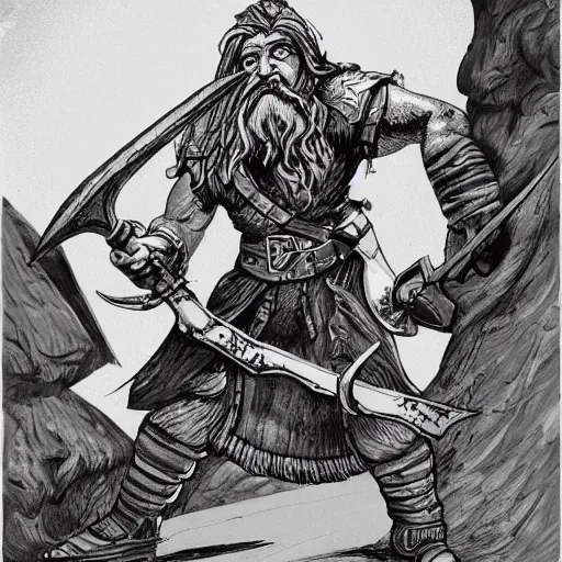 Image similar to line drawing of a fantasy dwarf fighter with a huge iron axe, sunny day, matte painting, bold shapes, hard edges, 7 0 s dungeons and dragons book cover art by greg irons, dave sutherland