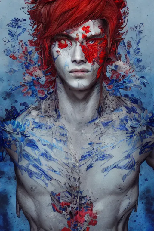 Image similar to portrait of beautiful young man, warhammer, japanic style, cyberpunk, a lot of scars, more and more flowers, blue head, some red water, the middle ages, highly detailed, artstation, illustration, artgerm sylvari portrait, 8 k quality, art by max ernst