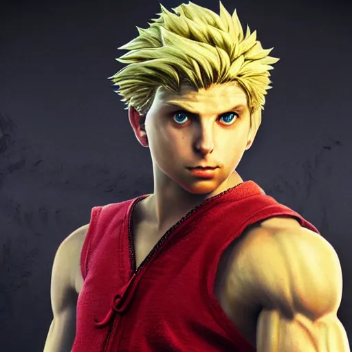 Image similar to michael cera as ken masters street fighter, portrait, ultra realistic, concept art, intricate details, highly detailed, photorealistic, octane render, 8 k, unreal engine, art by frank frazetta, simon bisley, brom