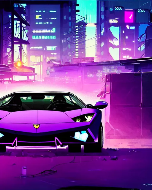 Prompt: digital illustration of cyberpunk purple lamborghini, in junkyard at night, by makoto shinkai, ilya kuvshinov, lois van baarle, rossdraws, basquiat