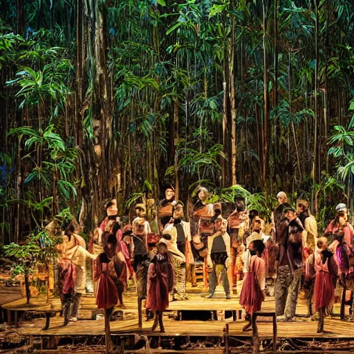 Prompt: high quality, high detail, an opera performance about deforestation in kalimantan forest, photorealistic lighting