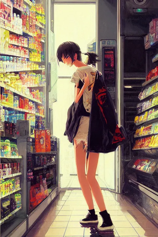 Prompt: A ultradetailed beautiful panting of a stylish girl wearing streetwear standing in a convenience store, Oil painting, by Ilya Kuvshinov, Greg Rutkowski and Makoto Shinkai