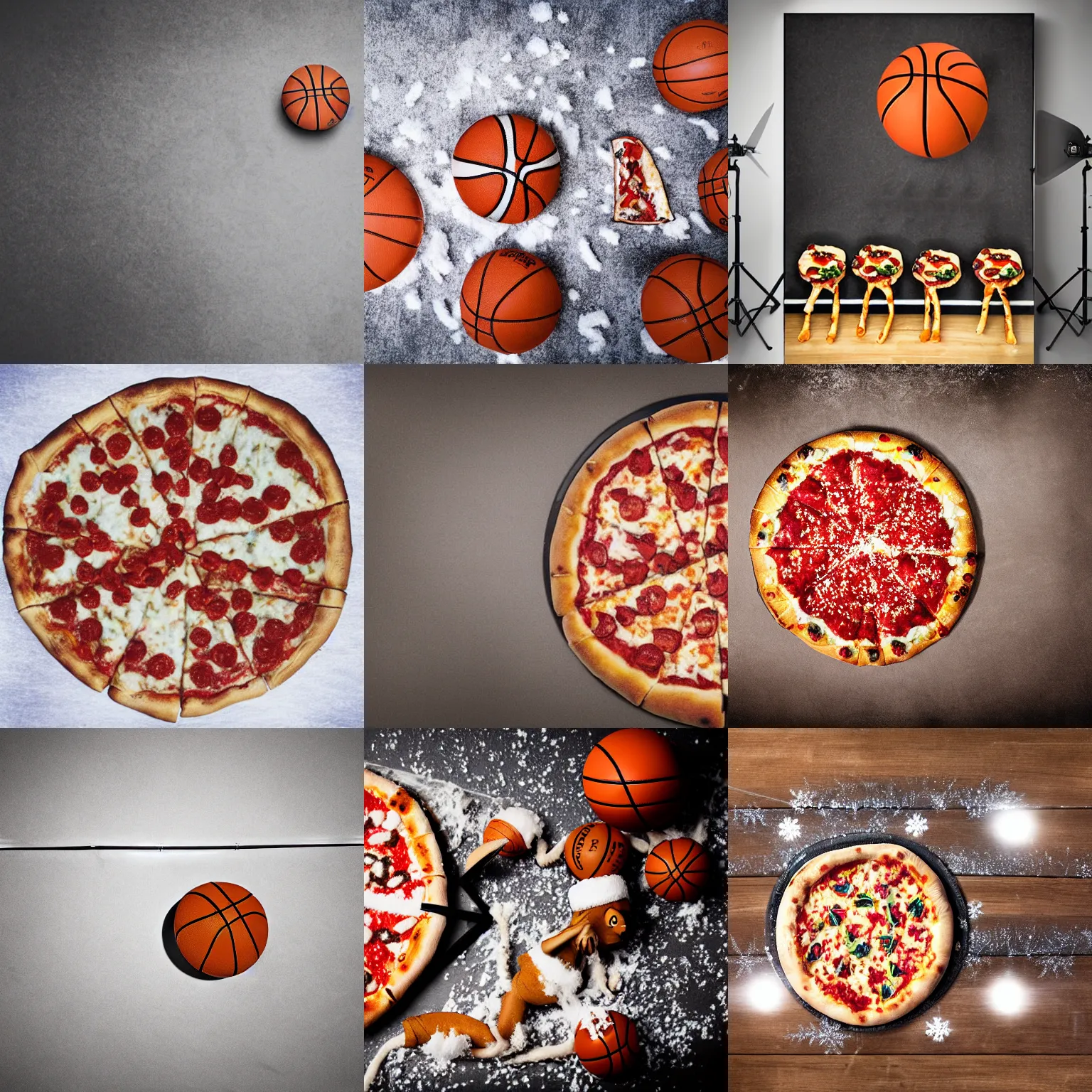 Prompt: ☃🍕🏀, studio photography