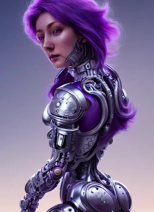 Prompt: a photorealistic detailed image of a beautiful stoic pale woman in sci - fi bionic armor with purple hair, detailed, intricate, elegant, highly detailed, digital painting, artstation, concept art, smooth, sharp focus, illustration, art by hana yata, artem demura, alphonse mucha, octane render, unreal engine, 8 k