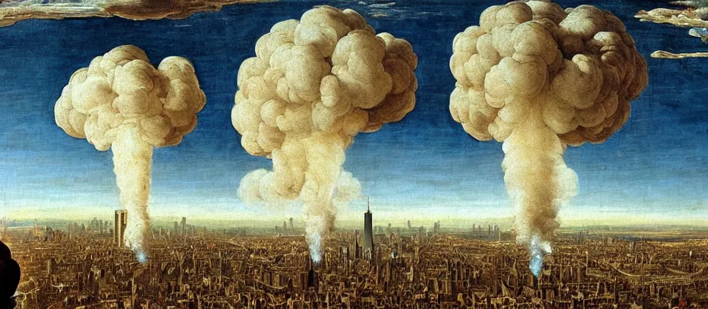 Image similar to nuclear mushroom cloud over the city of paris!!! renaissance painting!! majestic!! sad!