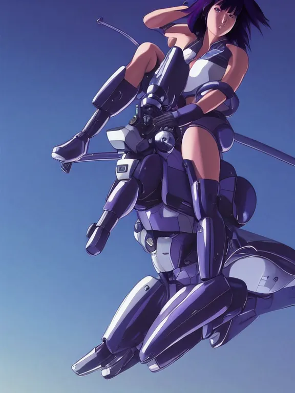 Image similar to a fullbody action still of motoko kusanagi riding on top of a tachikoma, the major ghost in the shell : : stand alone complex, under repairs, maintenance : : by ilya kuvshinov, rossdraws, artgerm, sola digital arts, anti aliasing, raytracing : :