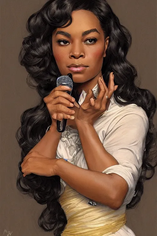 Prompt: beautiful cottagecore audreh winfrey holding a microphone. intricate, elegant. highly detailed, digital painting, artstation, concept art, smooth, sharp, focus, illustration. . art by artgerm and greg rutkowski and alphonse mucha