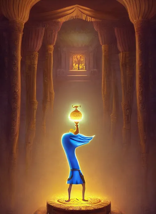 Image similar to genie coming out of his lamp in the middle of a palace . by Ciryl Rolando, hyperrealistic illustration, digital art, 4k, very detailed faces