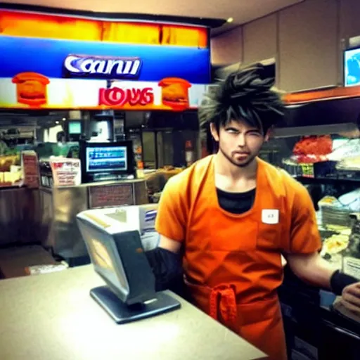 Prompt: a grainy cell phone photo of goku spotted working the cash register at a fast food restaurant.