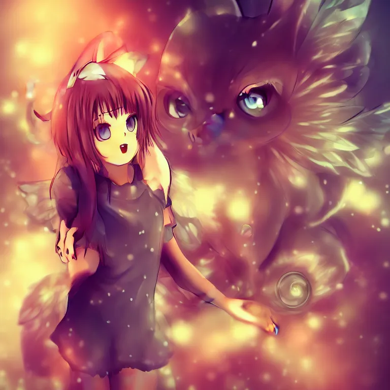 Image similar to cute, full body, female, anime style, a cat girl with fairy wings, large eyes, beautiful lighting, sharp focus, simple background, creative, heart effects, filters applied, illustration