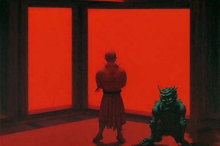 Image similar to only with red, a red samurai, tokio in background, some evil yokai, in the style of beksinski, parts by edward hopper, parts by rodcenko, parts by yue minjun, intricate and epic composition, red by caravaggio, insanely quality, highly detailed, masterpiece, red light, artstation, 4 k