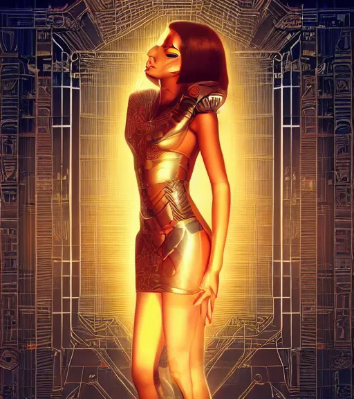 Image similar to symmetry!! egyptian princess of technology, solid cube of light, hard edges, product render retro - futuristic poster scifi, lasers and neon circuits, beautiful brown skin woman egyptian princess, intricate, elegant, highly detailed, digital painting, artstation, concept art, smooth, sharp focus, illustration, dreamlike, art by artgerm