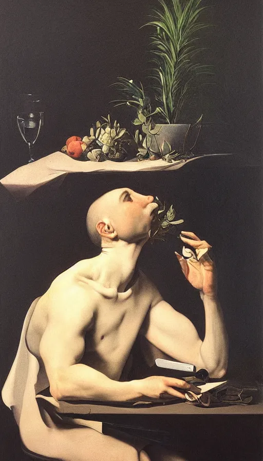 Prompt: hyperrealistic still life painting of a man illuminated by blue light from his phone, by Caravaggio, dark room, botanical print