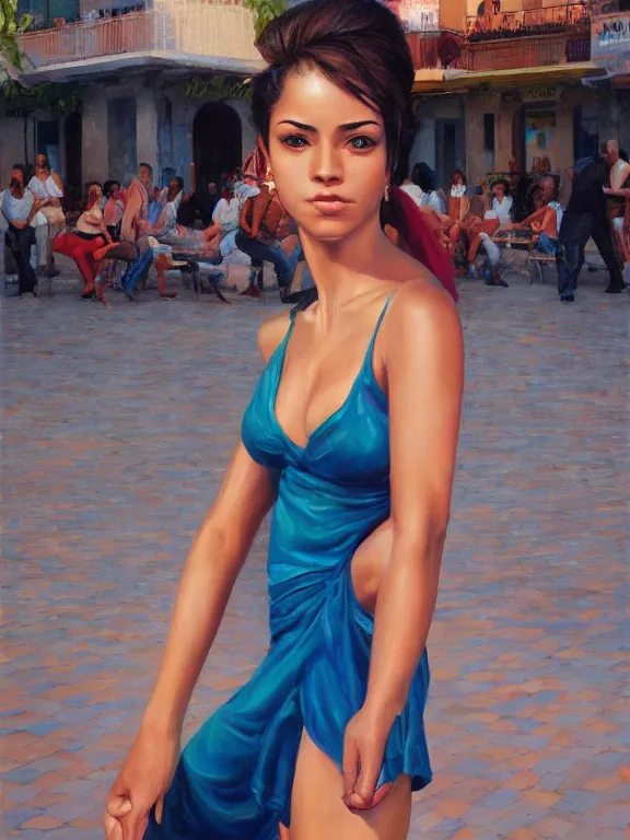 Image similar to an ultradetailed beautiful portrait painting of a cuban girl as a salsa dancer on a spanish plaza, side view, oil painting, high resolution, by ilya kuvshinov, greg rutkowski and makoto shinkai