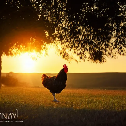 Prompt: chicken running to a sunset