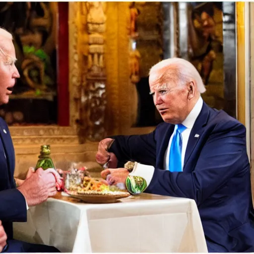 Image similar to Trump and Biden having dinner at a fancy Balinese restaurant, award winning photography, 85mm, perfect faces