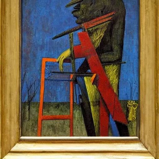 Image similar to a painter at his easel crying in despair, painting by Max Ernst