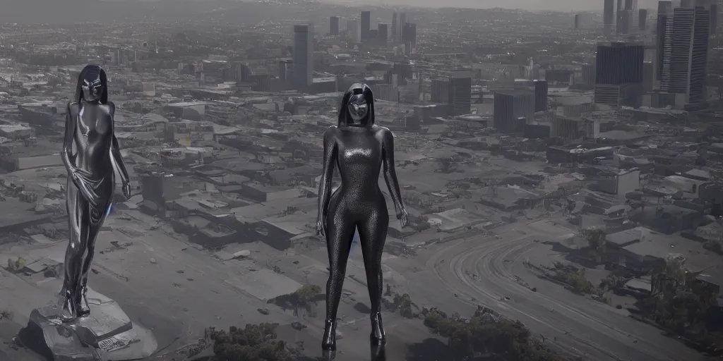 Image similar to cinematic wide angle view of a dystopian kylie jenner statue in the middle of los angeles being worshipped by shadow figures, orwellian, by neil blevins, high detail, digital art, pop art style, death stranding art style, cinematic lighting, artstation, cgsociety, unreal engine 5 render, octane render, 3 5 mm film grain