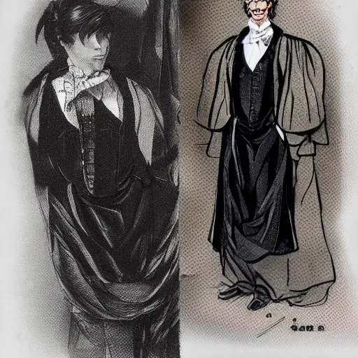 Image similar to Bill gates wearing victorian gown, drawn in the style of yoji shinkawa, extremely detailed, detailed and realistic face, fractal frame