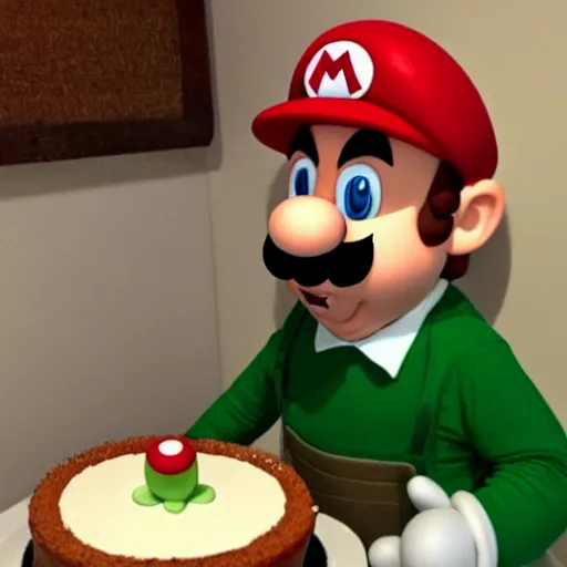 Prompt: Mario eating a cake shaped like Luigi