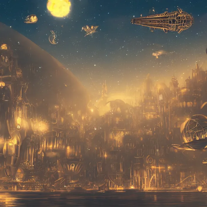 Prompt: a floating city in a night sky, with a steampunk aesthetic and dirigibles floating in the air, cityscape, digital painting, 4k