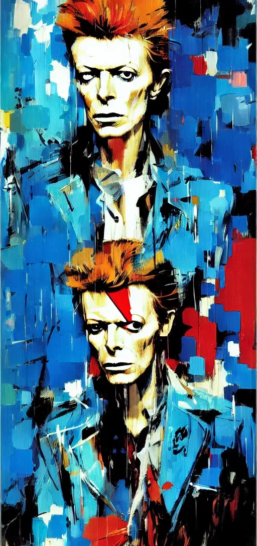 Image similar to David Bowie by Ashley Wood, Yoji Shinkawa, Jamie Hewlett, 60's French movie poster, French Impressionism, vivid colors, palette knife and brush strokes, Dutch tilt
