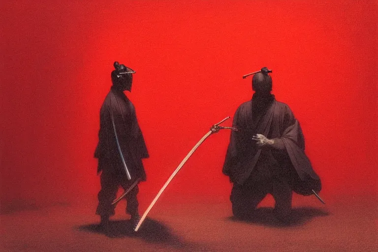 Image similar to only with red, a red samurai harakiri, tokio, a lot of frogs watch, in the style of beksinski, parts by edward hopper, parts by rodcenko, parts by yue minjun, intricate and epic composition, red by caravaggio, insanely quality, highly detailed, masterpiece, red light, artstation, 4 k